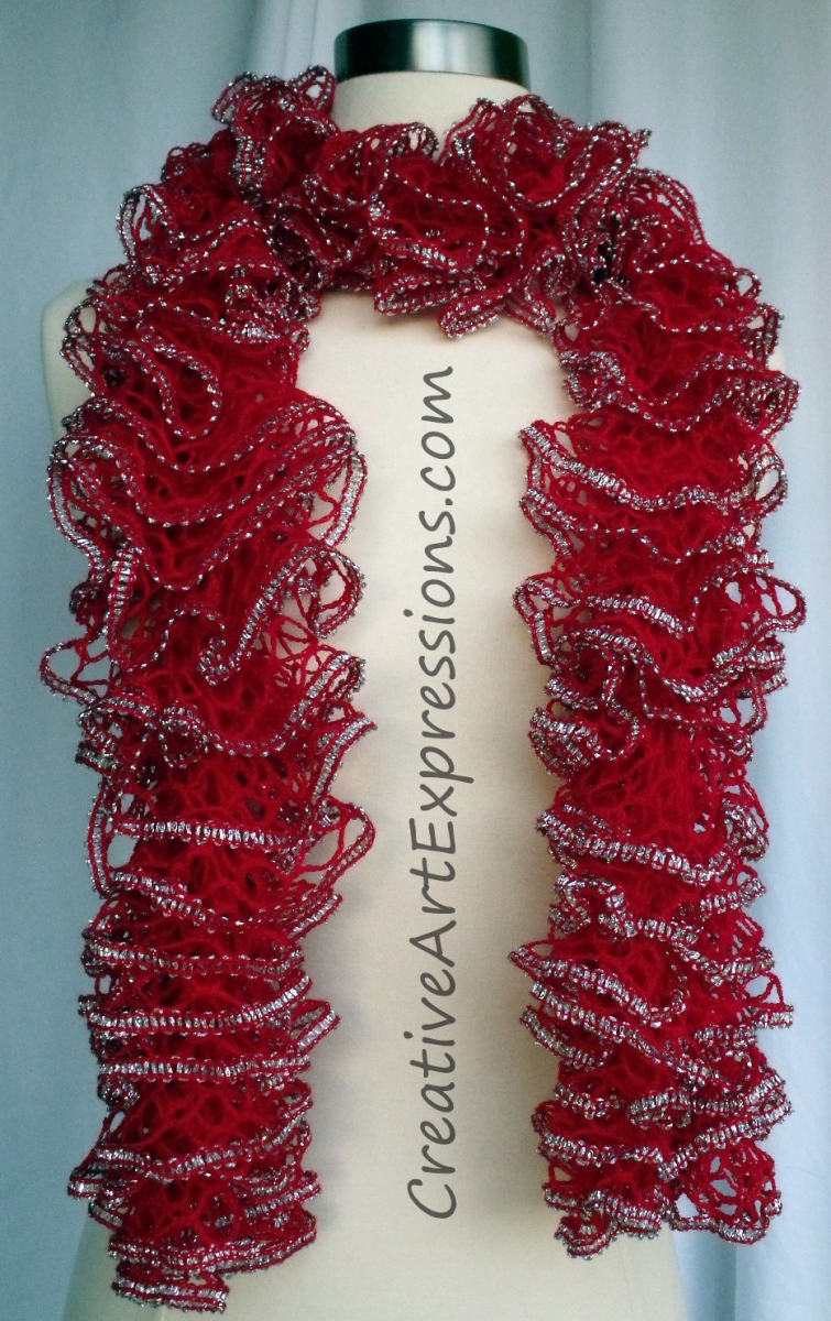 Creative Art Expressions Hand Knit Red & Silver Ruffle Scarf